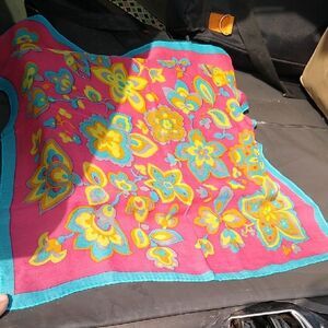 Silk floral Patterned Scarf with Pink and Blue Accents Cottagecore Grandmacore